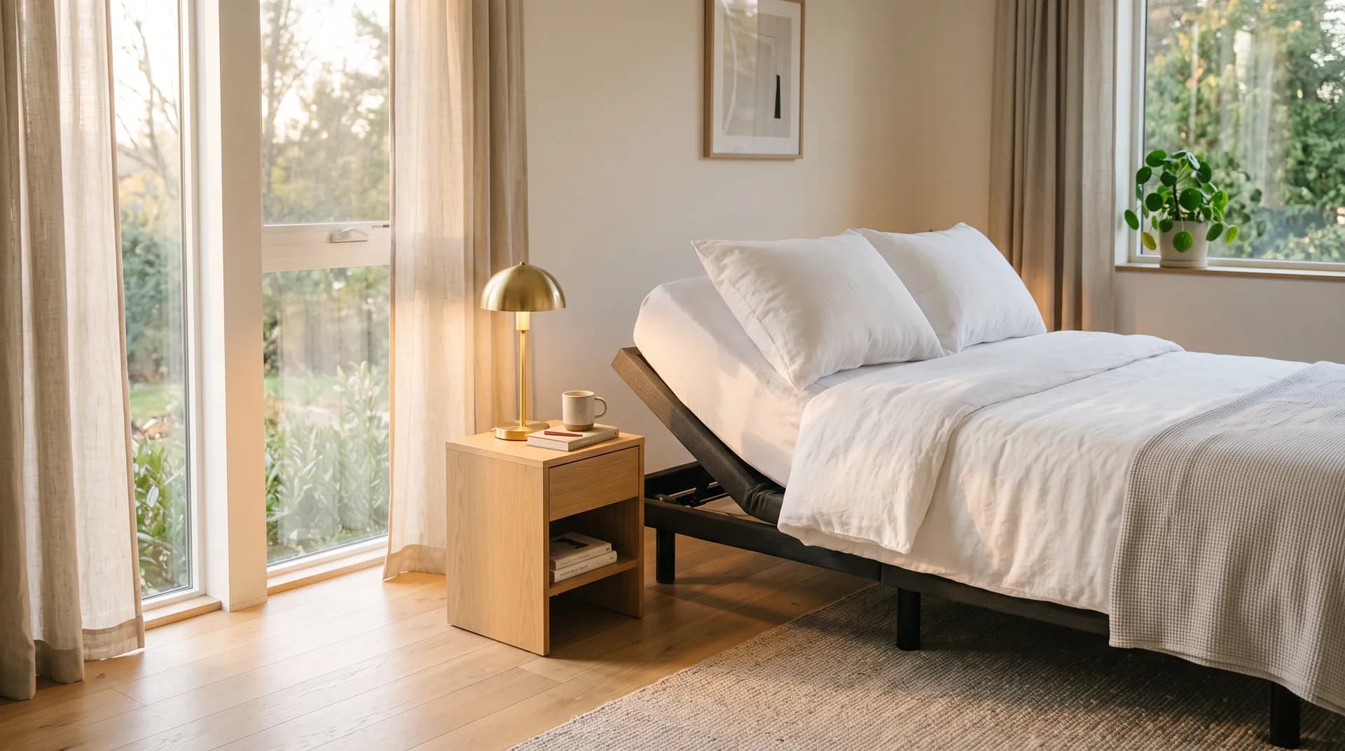 Adjustable bed base with white bedding and the head section raised in a sunny bedroom