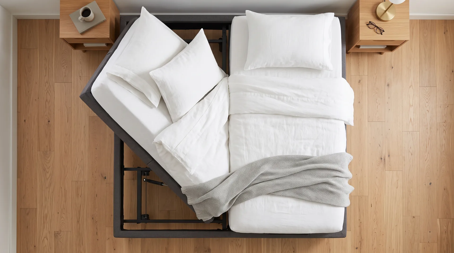 Overhead view of a Split King adjustable base with one side raised and white bedding