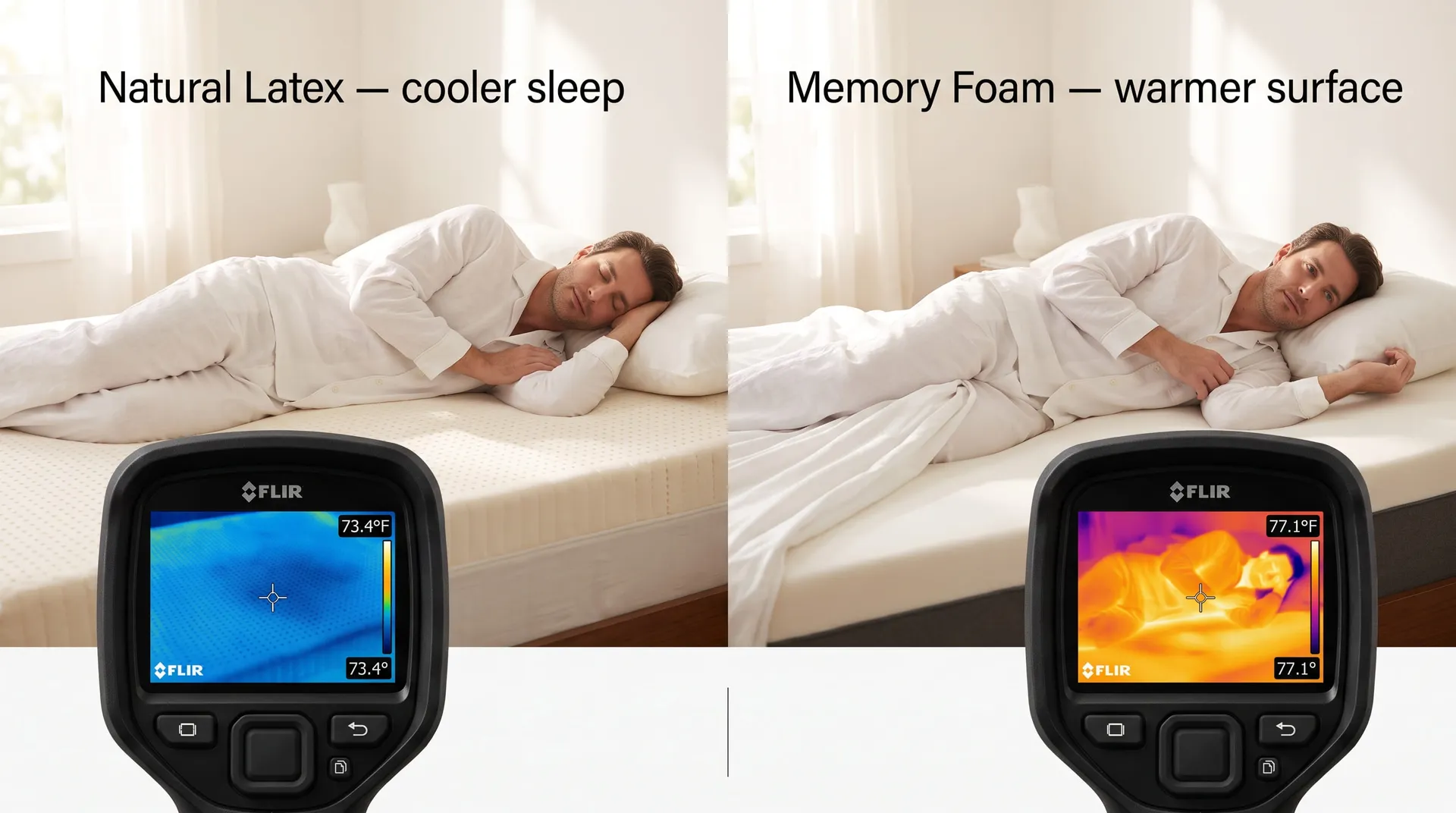 Split photo of a man sleeping on latex versus memory foam with thermal camera views of each surface