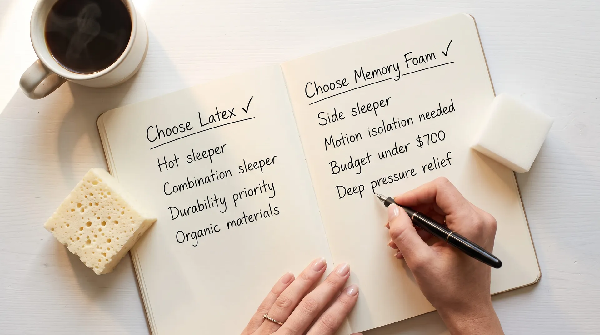 Handwritten notebook listing Choose Latex versus Choose Memory Foam criteria beside coffee and foam samples