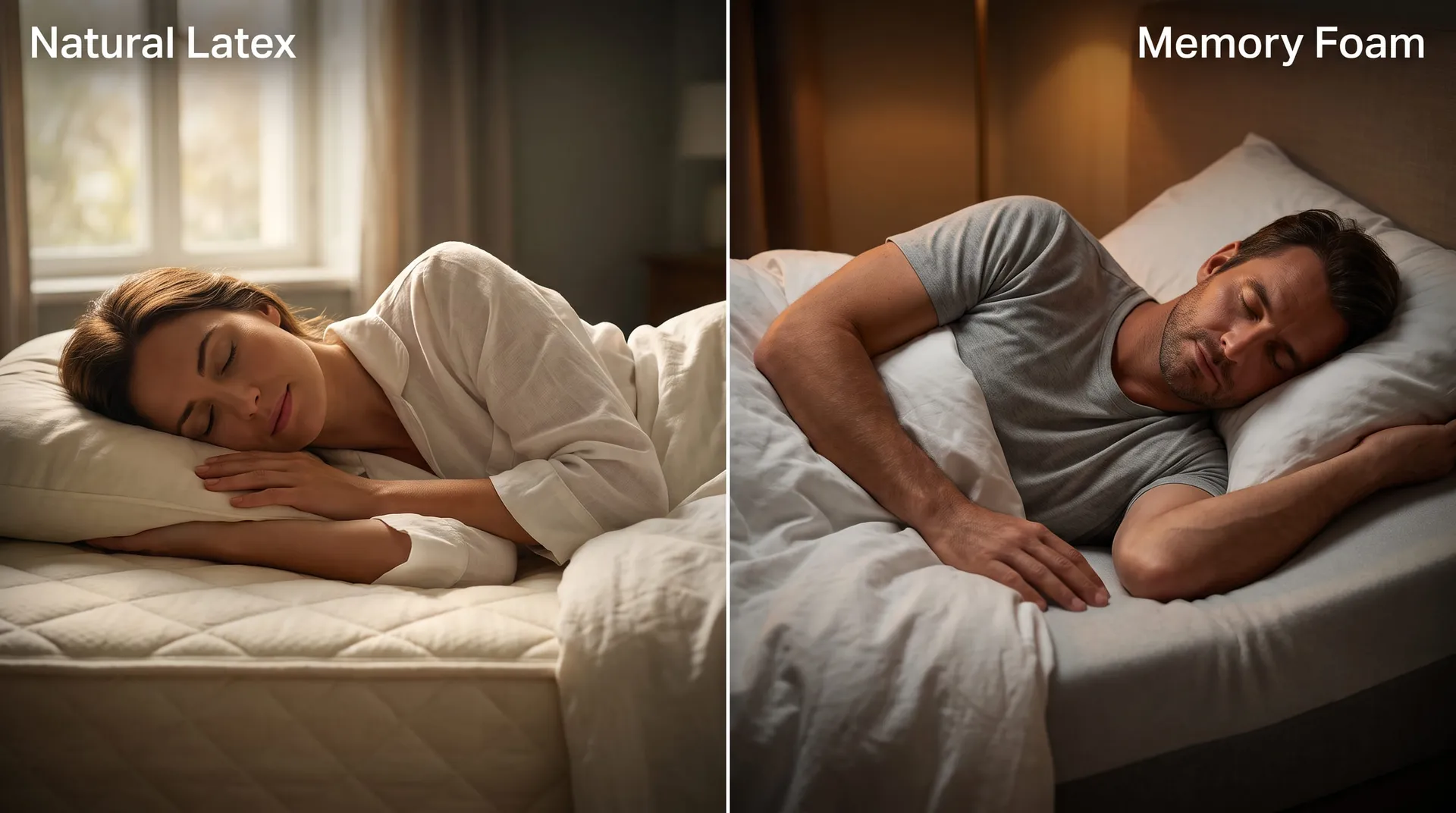 Split photo labeled Natural Latex and Memory Foam with a woman and a man sleeping on each