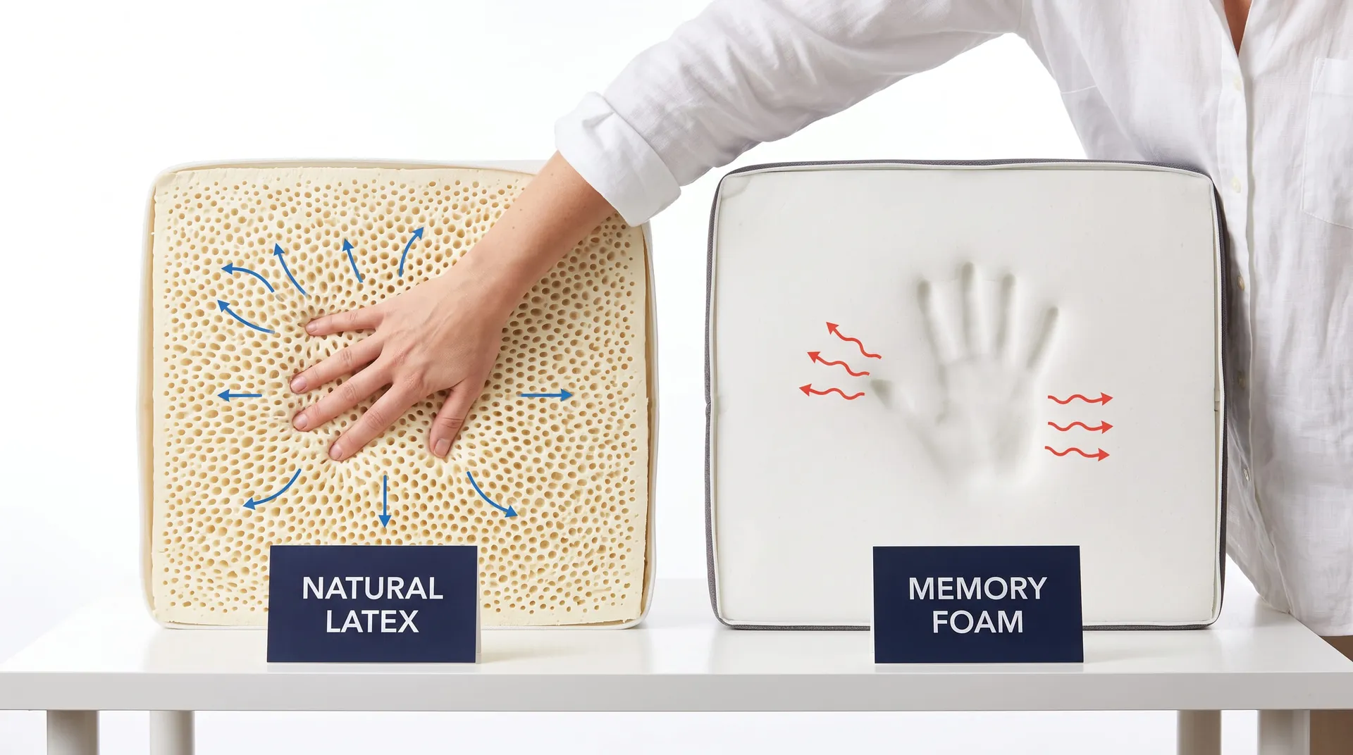 Hand pressing a natural latex block versus a memory foam block that holds a handprint, labeled