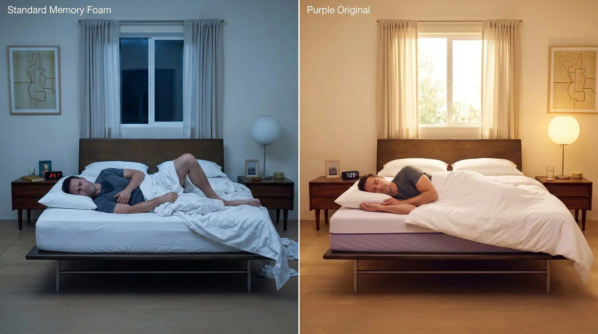 Split photo of a man restless on standard memory foam versus sleeping on the Purple Original